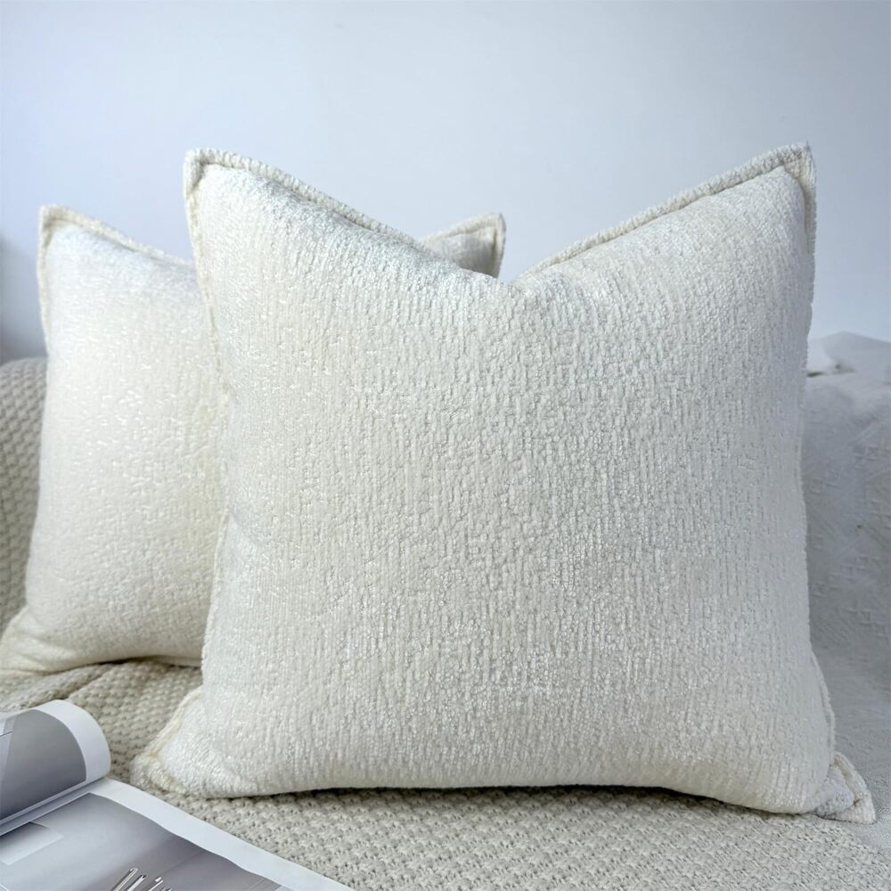 2803 Cream White Chenille Textured Throw Pillow Covers 20x20 Set of 2